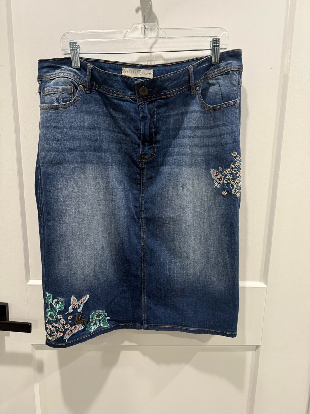 Cato Denim Skirt with embroidered butterfly and floral accents Size 14
